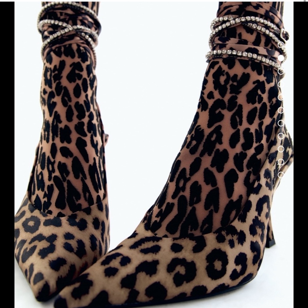 ZARA LEOPARD SLINGBACK DIAMANTÉ LACE HEELS